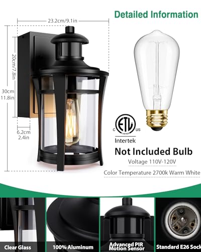 Motion Sensor Outdoor Lights, 3 Lighting Modes Porch Light Fixture for House, Dusk to Dawn Exterior Wall Light, Waterproof Aluminum Anti-Rust Lantern for Garage Entryway, Motion Activated