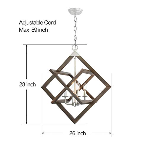 2024 Upgraded Wood Farmhouse Chandeliers for Dining Room, 4-Light Rustic Foyer Geometric Lantern Coastal Pendant Light Fixture, Modern French Country Lighting for Kitchen Island Entryway Bedroom Entry