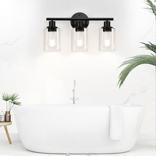 3-Light Bathroom Light Fixtures, Black Modern Vanity Lights with Clear Glass Shade, Bathroom Wall Lamp for Mirror Kitchen Living Room Hallway Cabinet Porch