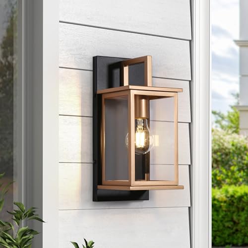 Black and Gold Outdoor Wall Lights, Modern Exterior Wall Mounted Sconce with Clear Glass Shade, Anti-Rust Square Waterproof Porch Lights Fixture for Front Door, Entry, Porch, Patio, and Gazebo