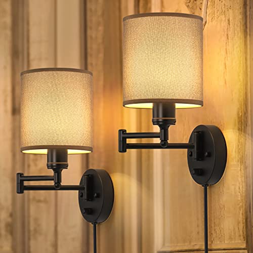 Plug in Wall Light Set of 2, Swing Arm Wall Lamps, Modern Bedroom Wall Sconce Fixtures with Linen Lampshade for Reading Hallway Living Room