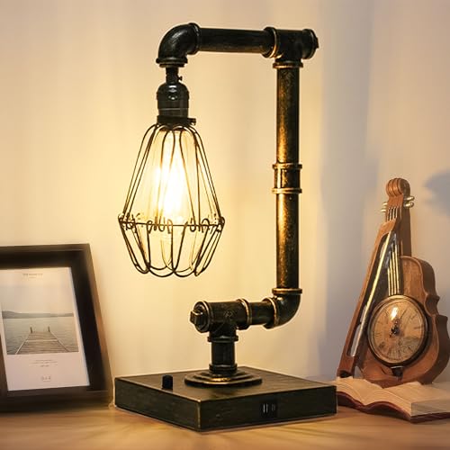 Steampunk Table Lamp, Industrial Desk Lamp with USB Ports, Rustic Edison Bulb Lamp,Metal,Bronze