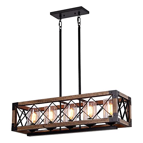 Giluta Rectangle Wood Metal Pendant Light Kitchen Island Chandelier Black Finish Rustic Industrial Chandelier Vintage Ceiling Light Fixture 5 Lights with Glass Shade (17810)