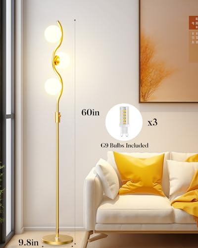 Dimmable Globe Floor Lamp, Gold Standing Lamps with 4PCS 3000K G9 Bulbs Soft Warm White Eye Care, Mid Century Modern Floor Lamp for Living Room