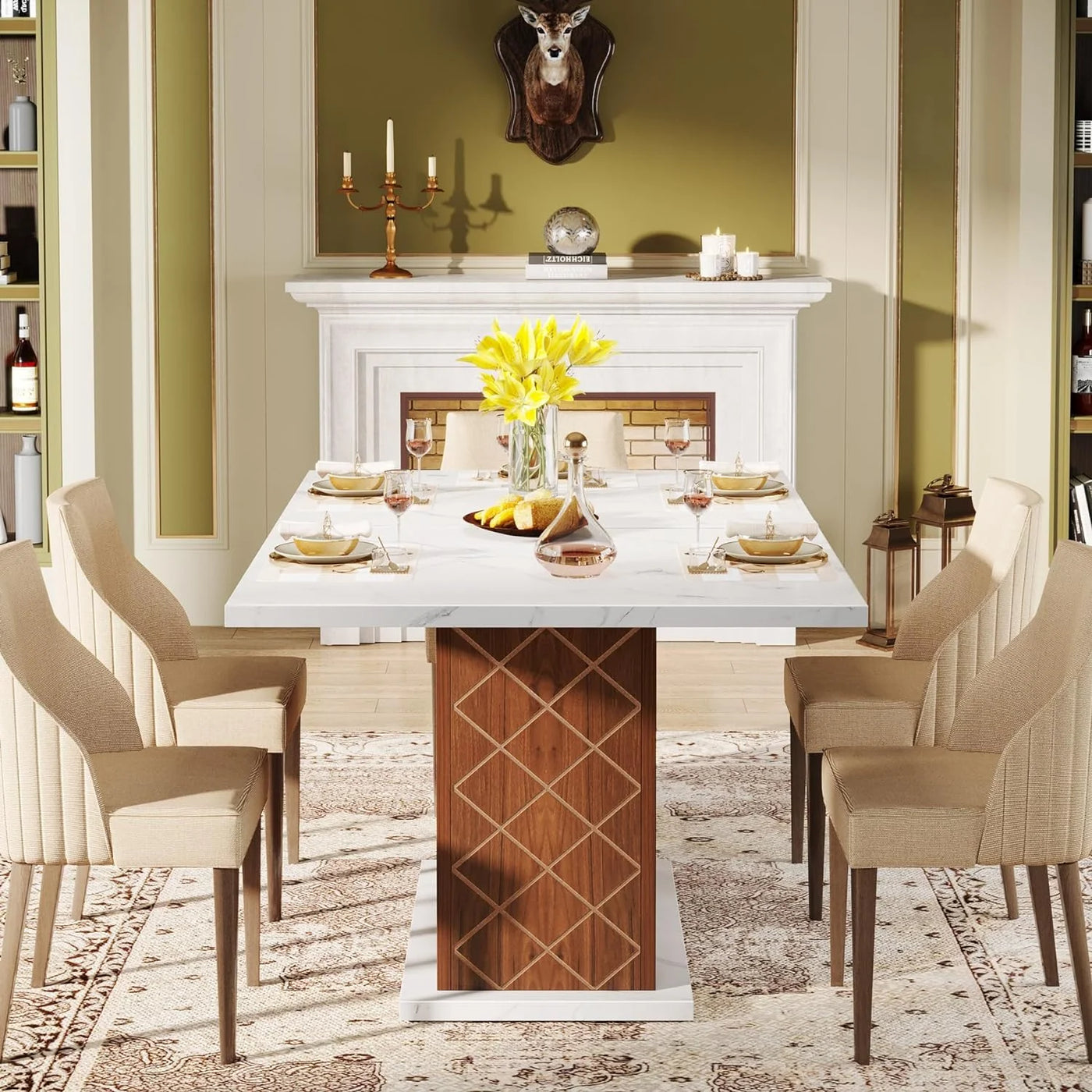 Torino Rectangular Dining Table for 4, Rectangular Dinner Table with Faux Marble Top