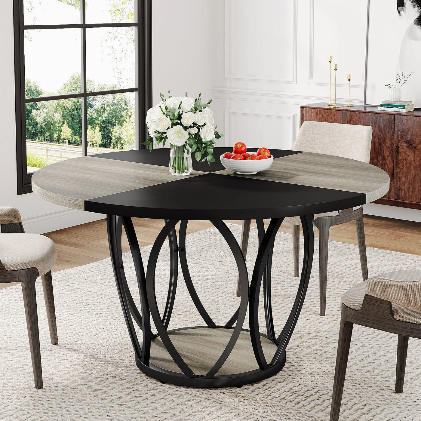 Caris 47" Dining Table | Wood Black Round Circular Kitchen Table Metal Base for 4-6