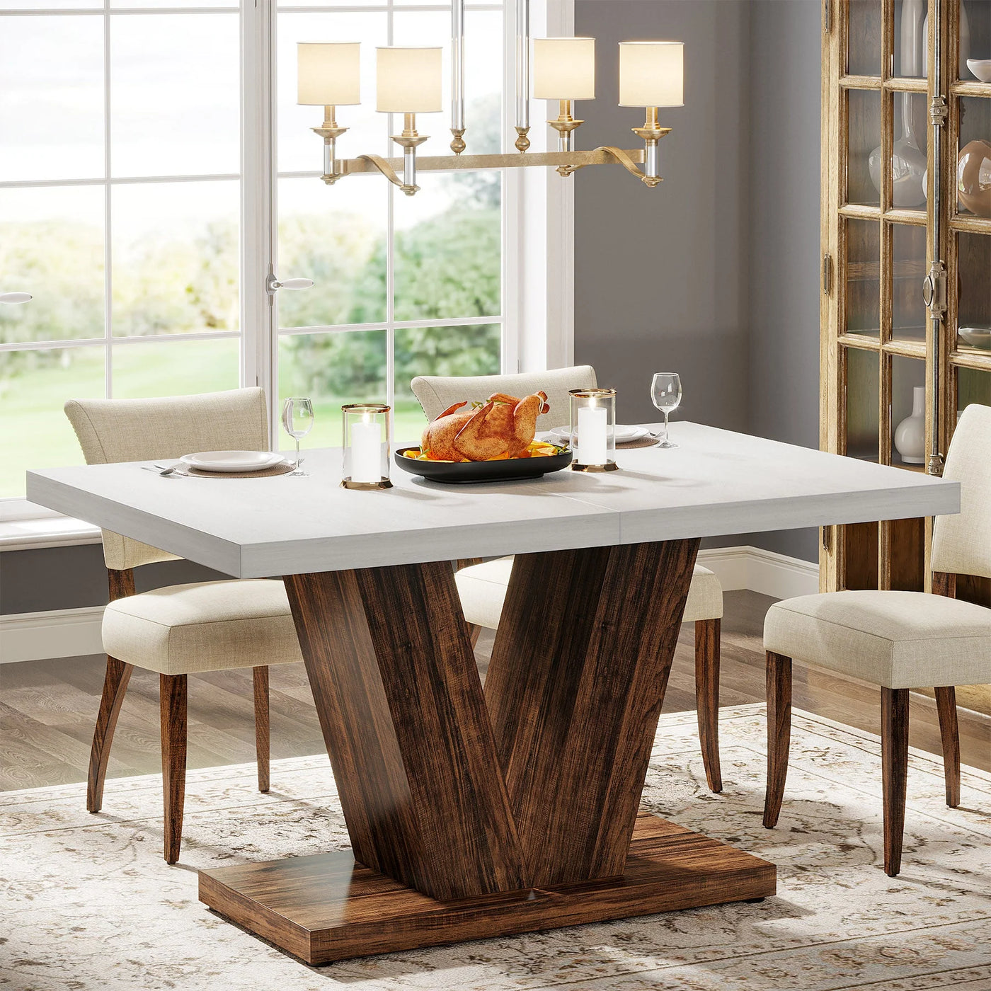 Mesa de comedor de basalto de 47" | Mesa de comedor de cocina de madera con pedestal resistente de mesa blanca