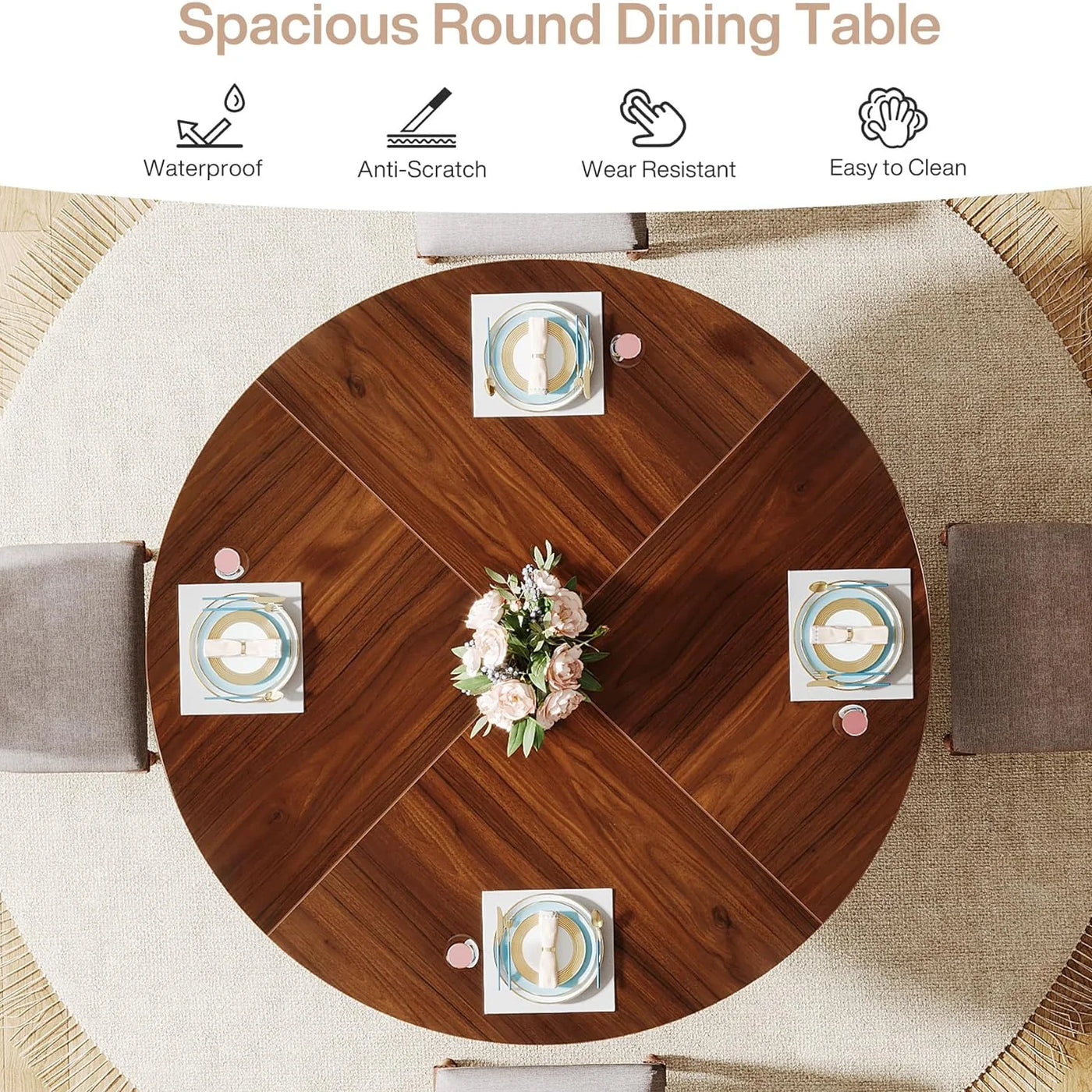 طاولة طعام دائرية مقاس 47 بوصة من جين | طاولة مطبخ مستديرة خشبية تتسع لـ 4-6 أشخاص
