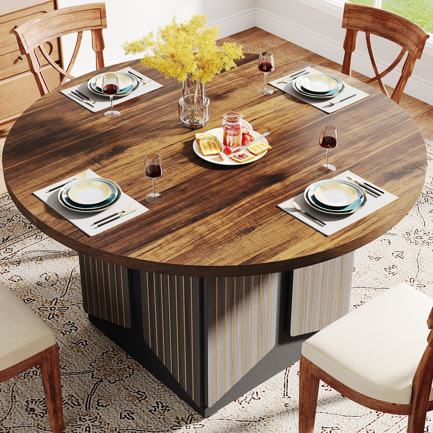 Solid 47" Round Dining Table | Farmhouse Circle Wood Kitchen Table for 4-6 People