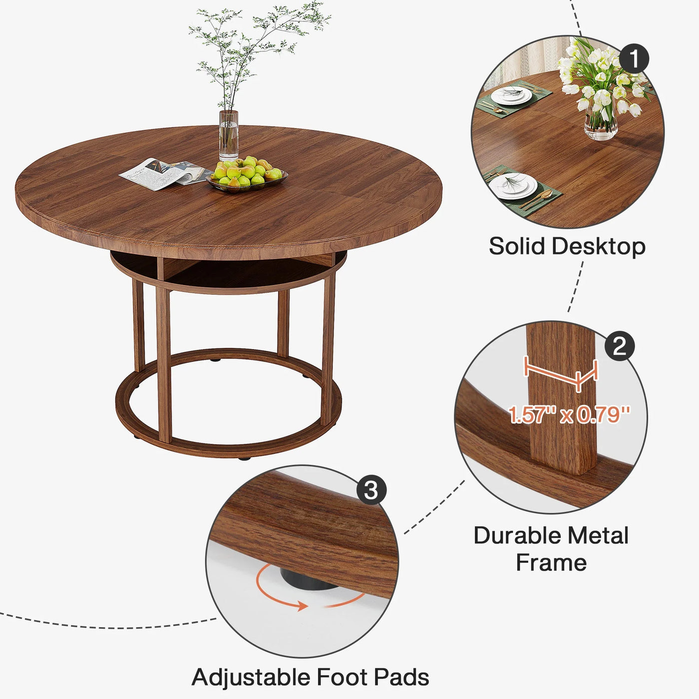 Mesa de comedor redonda de madera Doutre de 47 pulgadas con 4 estantes de almacenamiento divididos para 4 a 6 personas