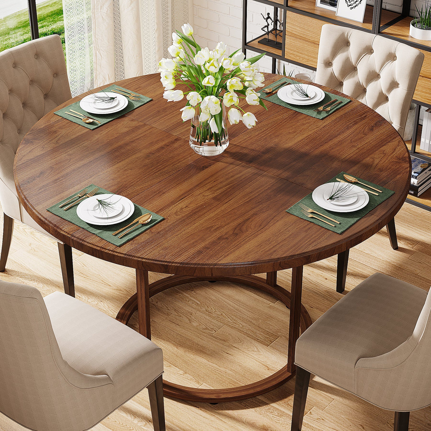 Doutre 47" Round Wooden Dining Table with 4 Divided Storage Shelves for 4 to 6