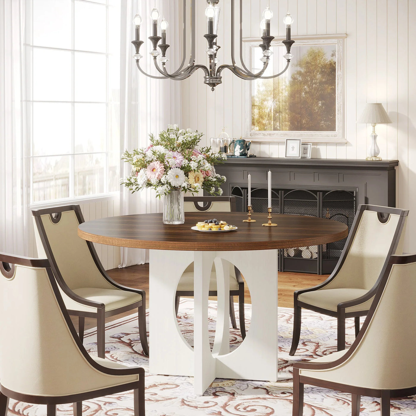 Fawn 47" Round Dining Table | Wood White Brown Farmhouse Kitchen Table for 4-6 People