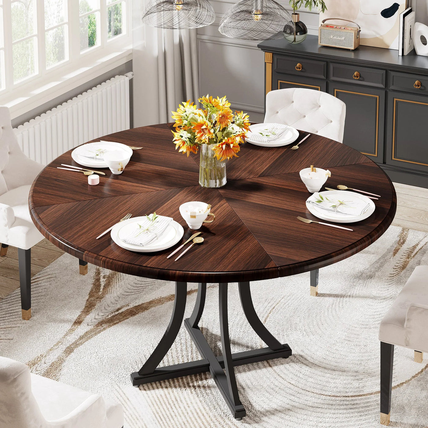47.24" Round Dining Table, Circle Kitchen Table with Metal Base for 4-6 People