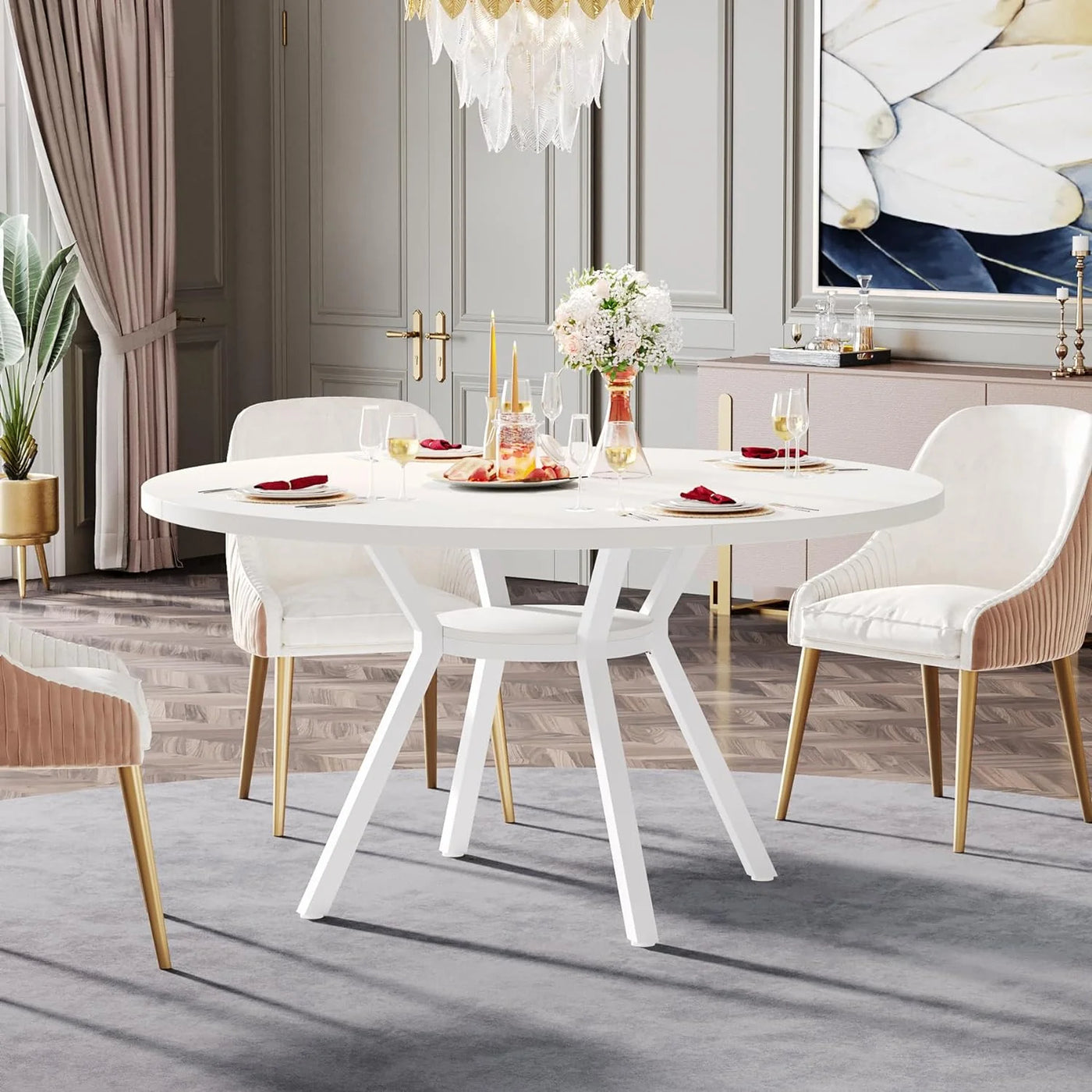 Aimee 47" Dining Table | White Wood Modern Round Kitchen Table for 4