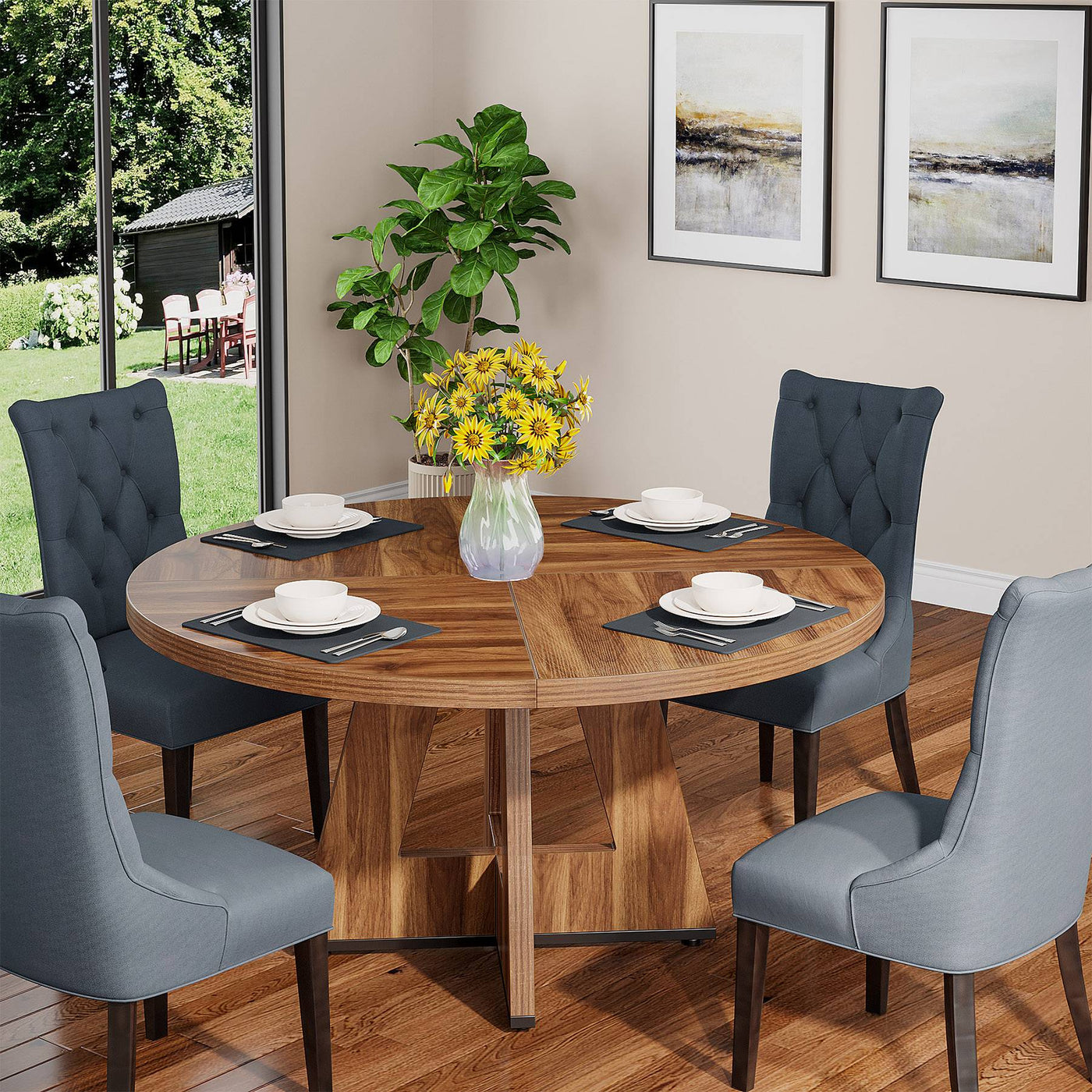 Couttet Round Dining Table for 4 | 47" Wood Kitchen Table Farmhouse Dinner Table