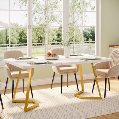 Mesa de comedor rectangular Coutour | Mesa de cocina de 55" con tapa de mármol sintético y base dorada