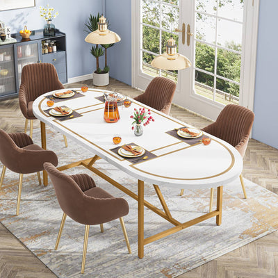 Mesa de comedor ovalada Rivene | Mesa de cocina moderna de mármol dorado y blanco de 70,8 pulgadas para 6 personas