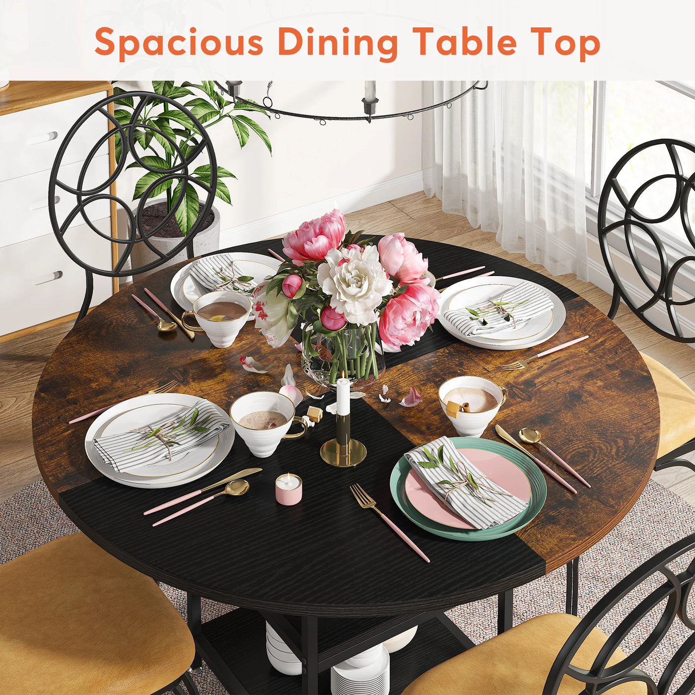 طاولة طعام خشبية مستديرة من جارد | طاولة عشاء للمطبخ مقاس 47 بوصة مع رف تخزين باللون البني والأسود