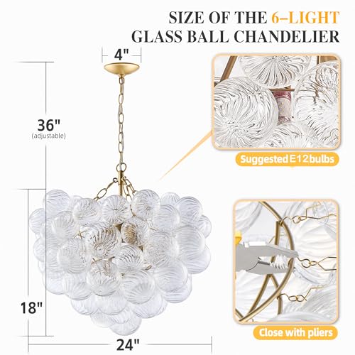 Semi Flush Mount Ceiling Bubble Ball Chandelier Lighting Dia 20 Inch Gold Clear Ribbed Blown Glass Chandeliers Ceiling Medallions Light Fixtures for Bedroom, Living Room, Entry, Bathroom