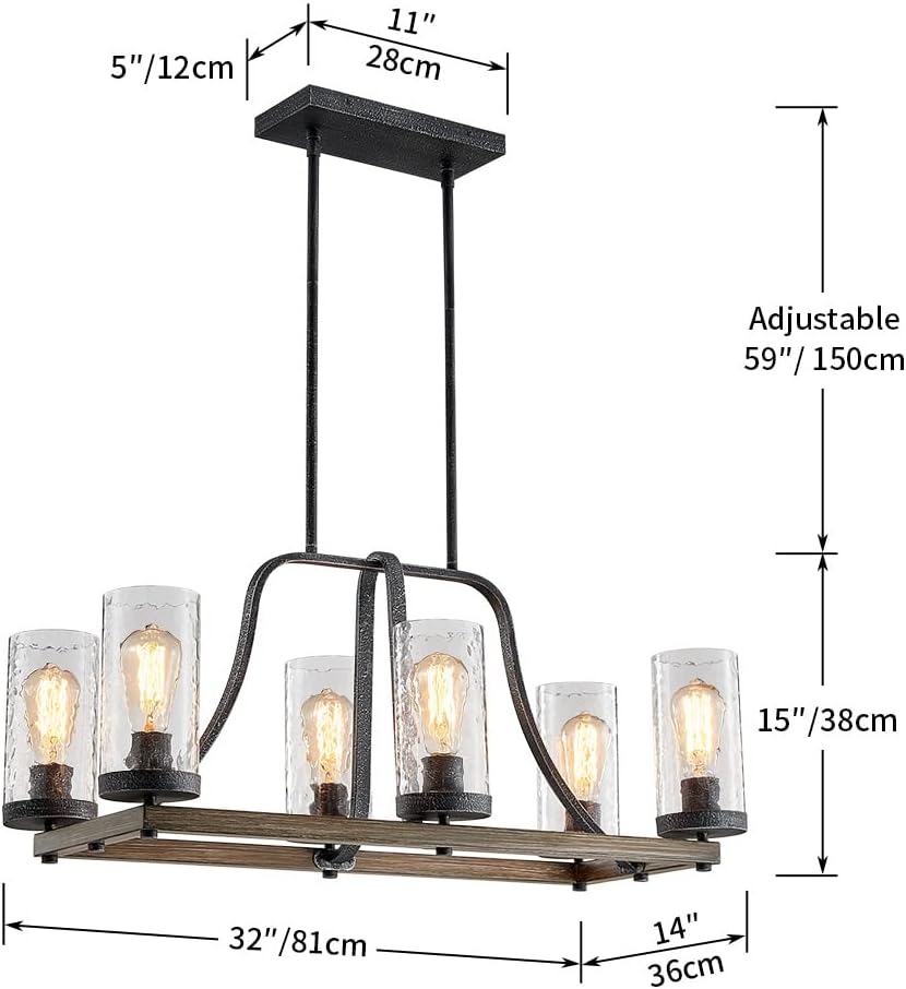 6 Light Farmhouse Chandelier Light Fixture, Rectangle Island Pendant Light for Dining Room, Rustic Industrial Wavy Glass Chandelier, Oaky Painted Metal Island Chandeleir Lighting