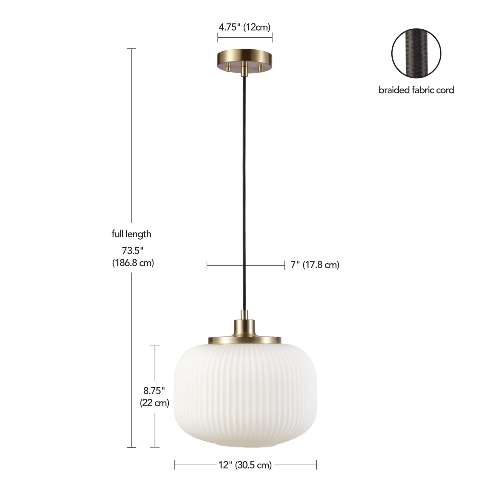 1-Light Pendant Lighting, Matte Brass, Frosted Ribbed Glass Shade, Bulb Not Included