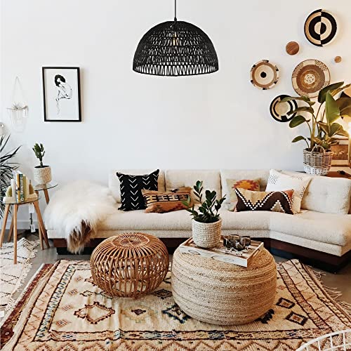 20" 1-Light Bohemian Modern Woven Rattan/Iron LED Pendant Farmhouse Coastal Adjustable Dining Room Living Room Kitchen Island Foyer Bedroom Hallway, Black