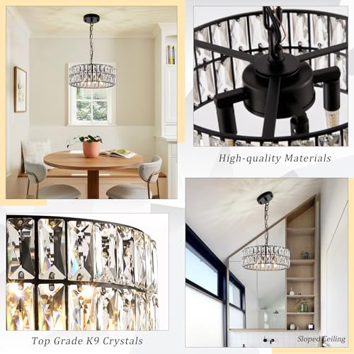 Gold Crystal Chandeliers, Modern Semi Flush Mount Chandelier 4-Ligh Drum Crystal Ceiling Pendant Light Fixture 12” for Foyer Entryway Kitchen Hallway Dining Room