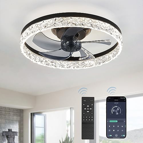 20" Modern Ceiling Fans with Lights and Remote, Dimmable Low Profile Ceiling Fan, Flush Mount Bladeless Ceiling Fan, Stepless Color Temperature Change and 6 Speeds - White