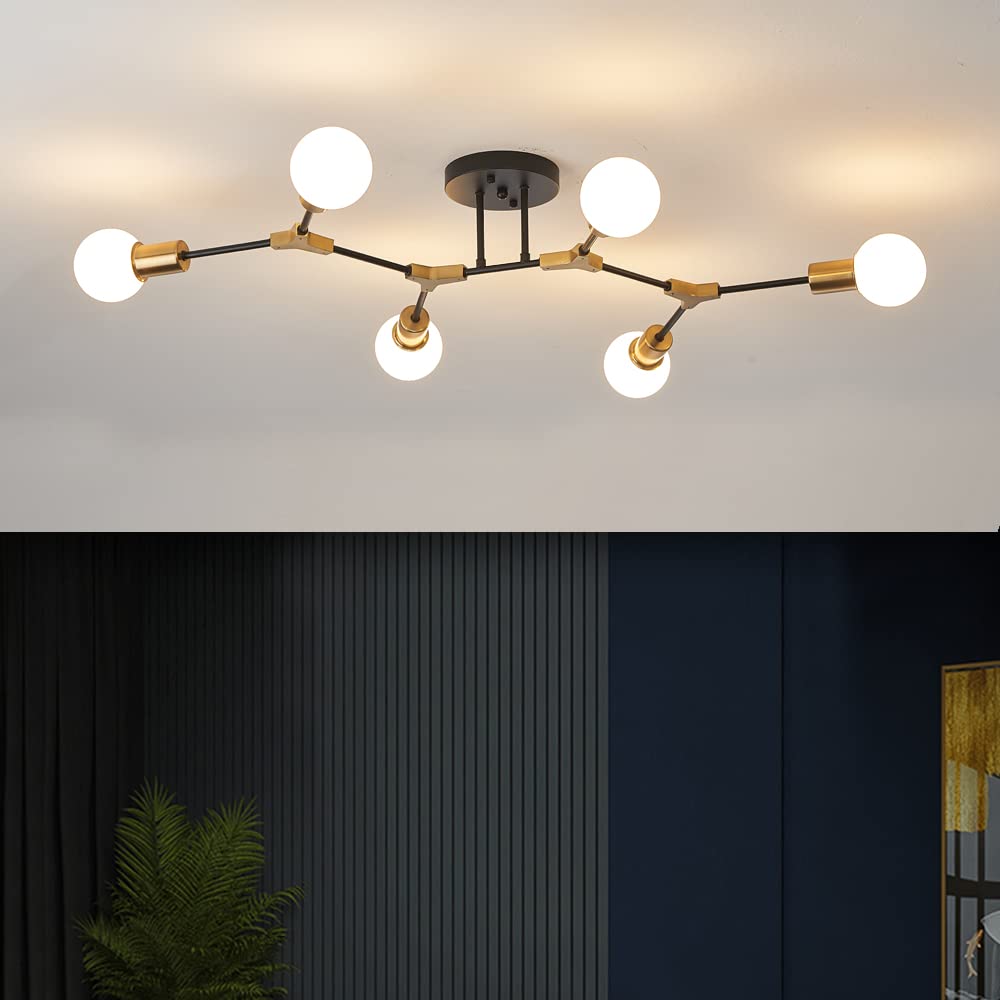 Modern Mid Centur 6 Light Semi Flush Mount Ceiling Lighting Fixture for Living Room Bedroom Dining Room Hallway Kitchen Office,Minimalist Gold and Black Sputnik Chandelier