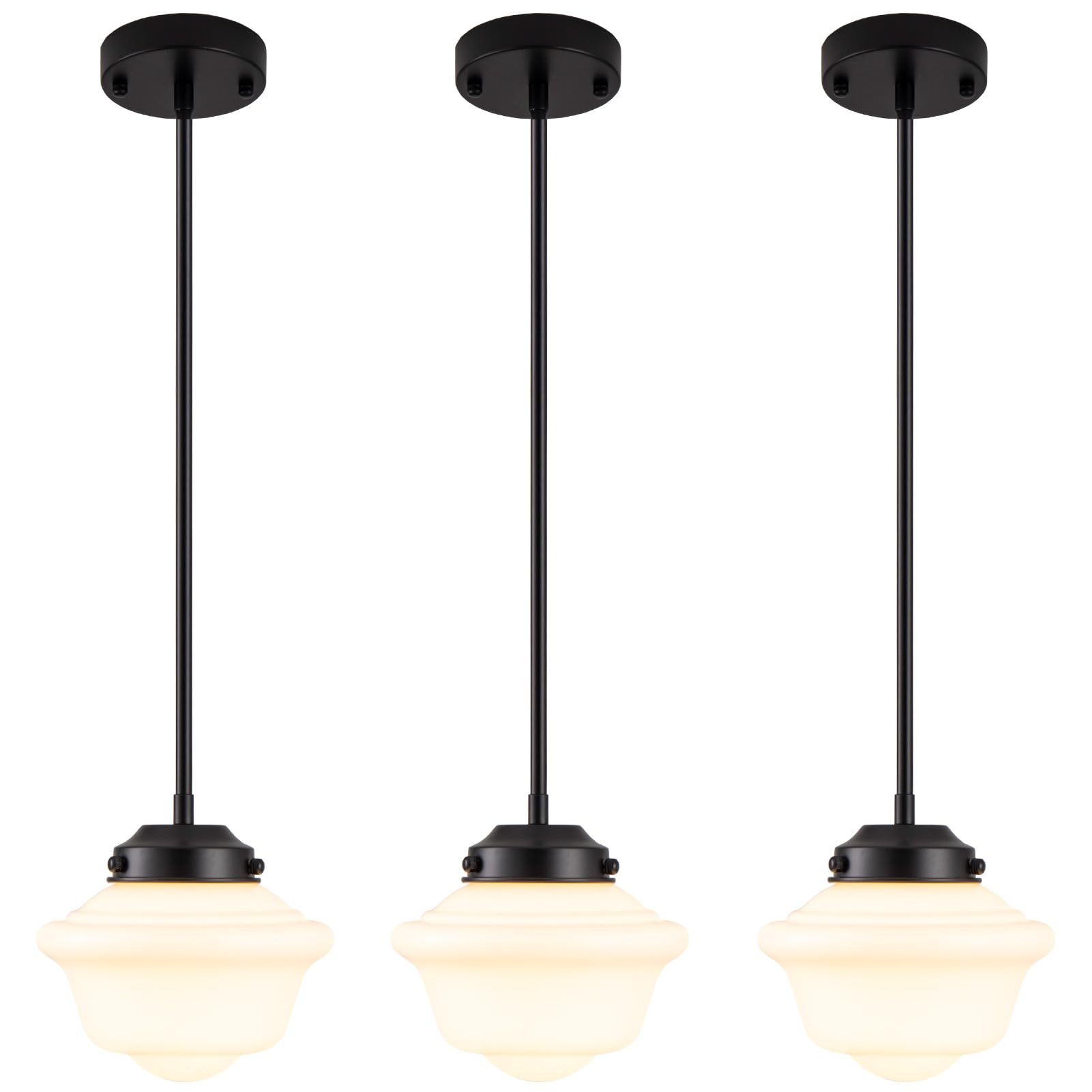 Pendant Lighting Black, 8" Milk Glass Pendant Light Shade, Farmhouse Ceiling Pendant Light Fixture with Adjustable Rods for Living Room Kitchen Dining Room Hallway Island