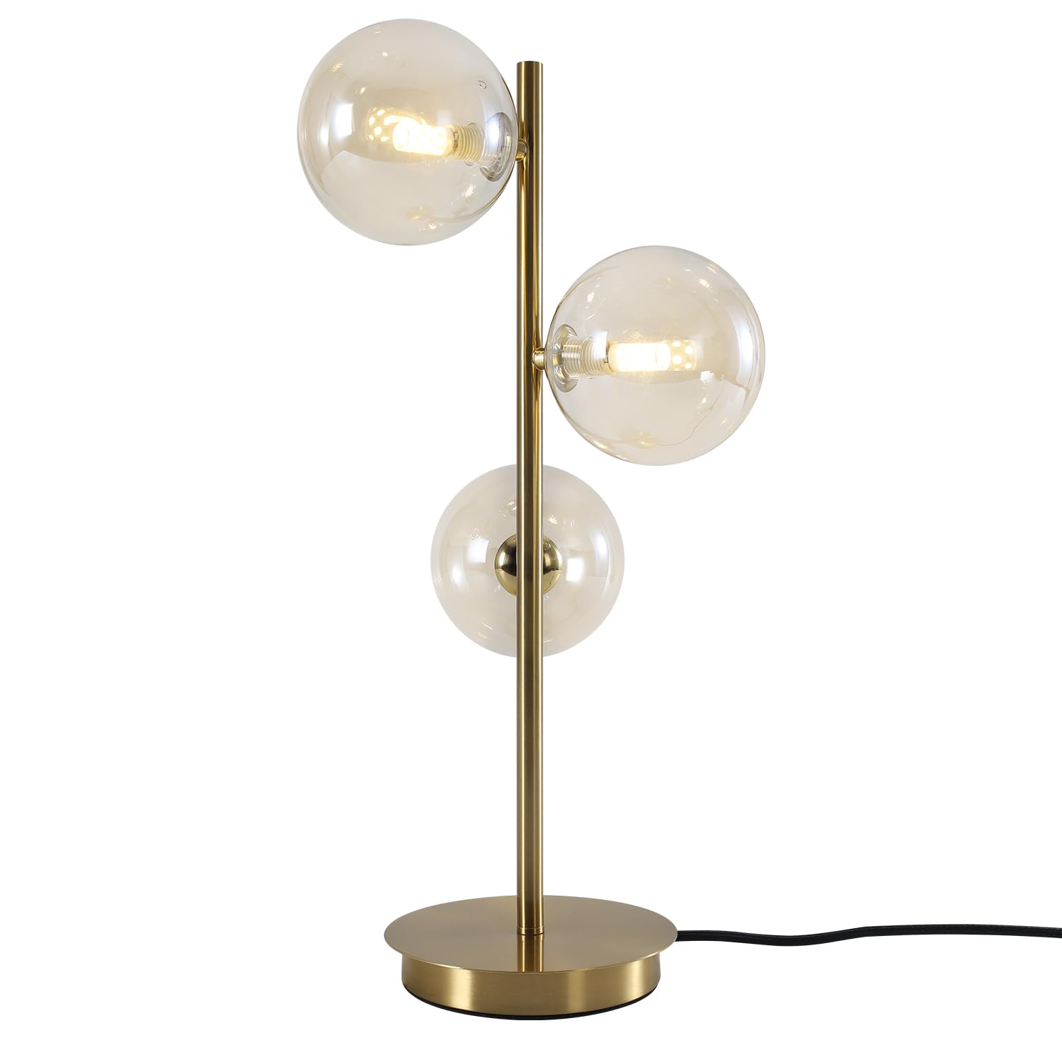 Gold Globe Desk Lamp 3 Lights Mid Century Modern Table Lamp Contemporary Cognac Glass Globe Bedside Lamp for Bedroom Living Room Study Room