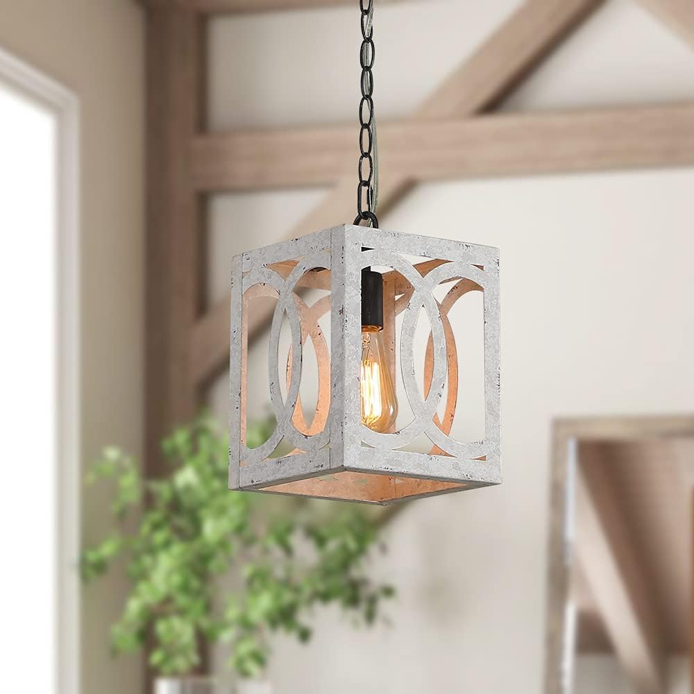 Kitchen Island Light Fixtures Dining Room Distressed White Rectangular Modern Farmhouse Chandelier, 3-Light Metal Rustic French Country Pendant Lighting Ceiling Light Hanging Lamp, No Wood