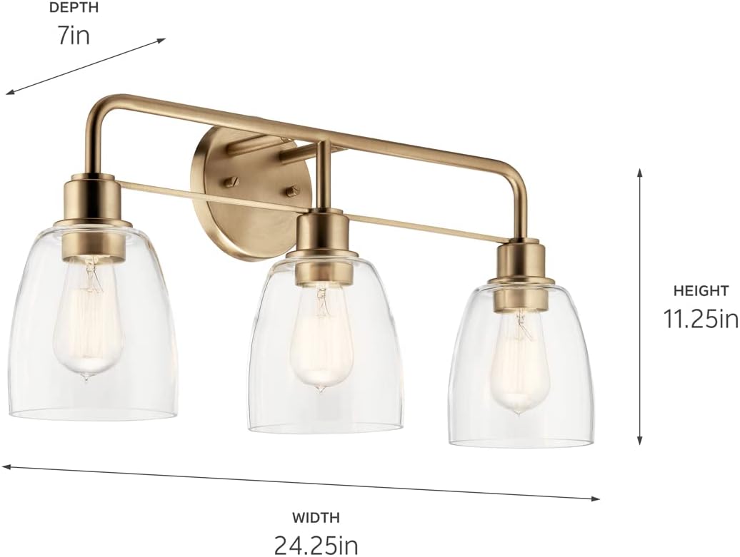 Kichler, Meller 24.25 Inch 3 Light Vanity Light with Clear Glass in Champagne Bronze, 55102CPZ