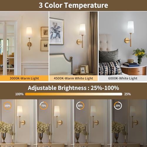 Gold Rechargeable Battery Operated Wall Sconces Set of 2 with Remote, Wireless Dimmable 5000mAh Battery Powered LED Wall Lights, Cordless Wall Lamp Lighting Fixture for Bedroom Living Room