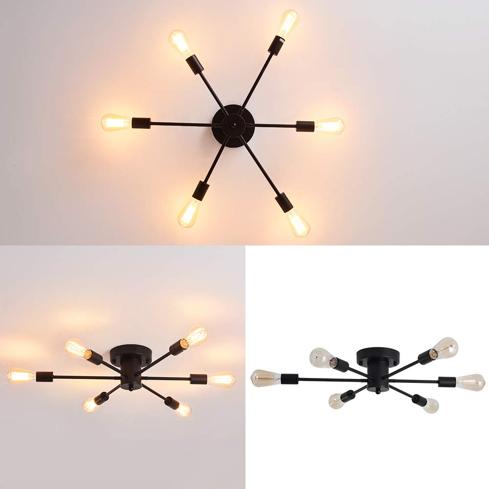 6 Lights Sputnik Semi Flush Mount Ceiling Light Matte Black Modern Edison Chandelier Industrial Close to Ceiling Light for Farmhouse Dining Room Kitchen Bedroom Living Room Study