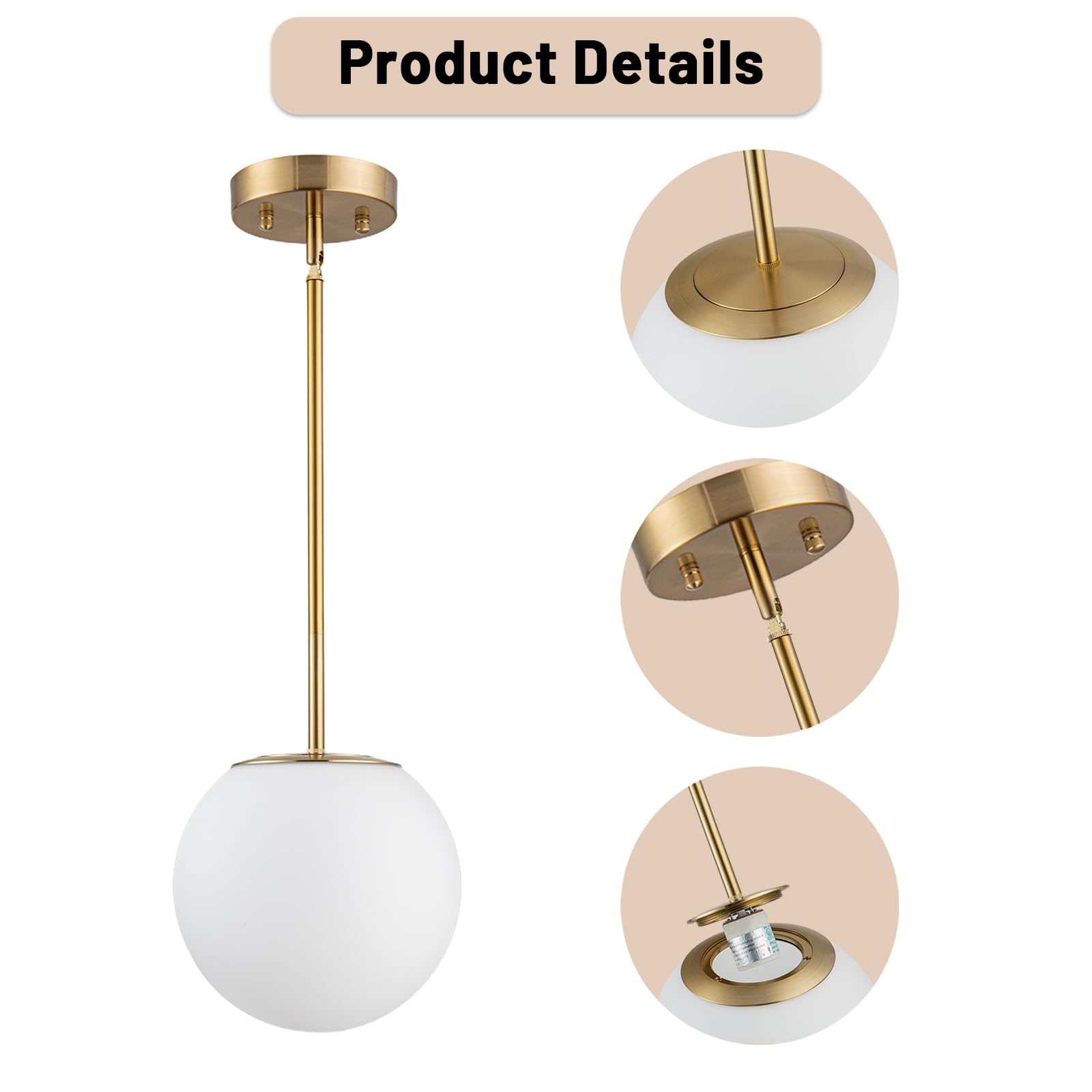 Mid Century Modern Pendant Lighting Gold Globe Pendant Light Fixture,1-Light White Glass Shade Brushed Brass Finished Hanging Light Fixture for Kitchen Island