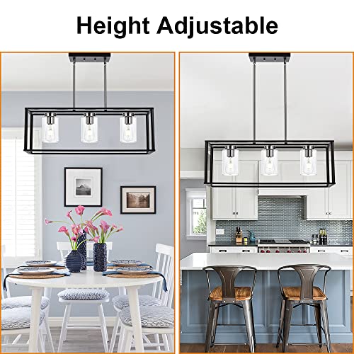 3-Light Industrial Metal Large Pendant Lighting Oil Rubbed Bronze Modern Linear Chandelier with Clear Glass Shades Farmhouse Rustic Ceiling Light Fixtures Hanging for Dining Room Kitchen Island