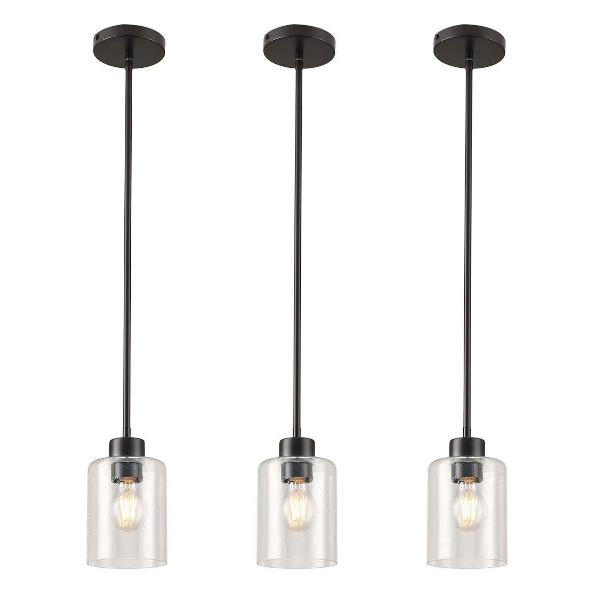 3 Lights Pendant Lighting for Kitchen Island,3 Tier Linear Pendant Chandeliers with 1 Base,Modern Farmhouse Island Light with Clear Glass,Adjustable (Black Island 3 Tier Stem Rod)