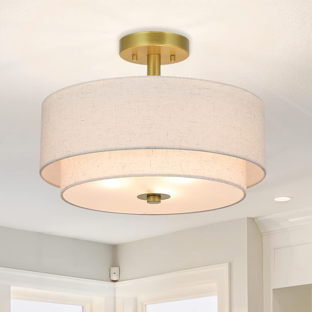 Lighting 3 Light Semi Flush Mount Light, Close to Ceiling Light Fixture with Fabric Shade Retro Gold Brass 16 inch Semi Flush Drum Light for Bedroom & Living Room XB-SF1289-GB