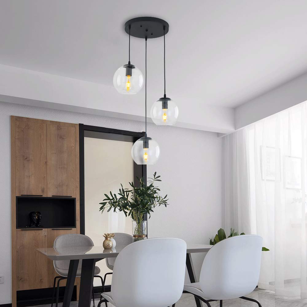 Globe Pendant Light, Modern Hanging Lighting Fixture, Classic Cluster Chandelier with Clear Glass Shades(Black, 3 Lights, 27.6 Inch)