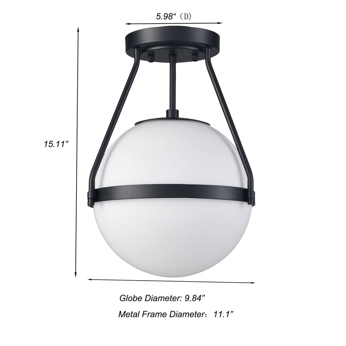 Modern Globe Semi Flush Mount Ceiling Light,Black Ceiling Light Fixture with Opal Glass 7Inch/18CM,Mid Century Kitchen Light Fixtures Hallway Light Fixtures Ceiling for Bedroom Kitchen