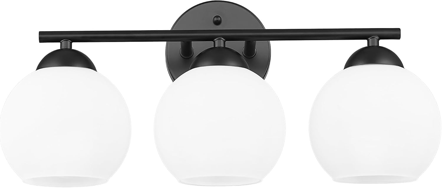 Black Vanity Lights for Mirror, Modern Farmhouse 2-Light Bathroom Light Fixtures Globe Bathroom Vanity Light with Milk Glass Shade, VL114-BK-ML-2