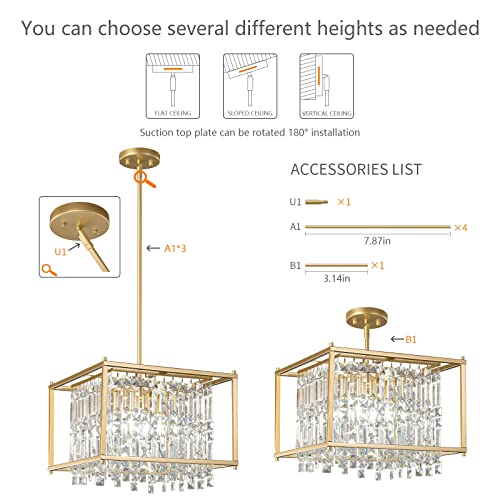 4-Light Dining Room Light Fixture 11.81 inch Square Lndustrial Farmhouse Chandelier Gold Metal Crystal Pendant Light for Kitchen Island Dining Room Living Room Flat and Inclined Ceiling