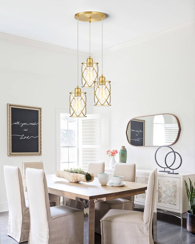 Brushed Gold Pendant Light Fixtures, 3-Light Modern Dining Room Cluster Pendant Light with Milky Glass, Mid Century Cage Hanging Pendant Lighting for Kitchen, Adjustable, CH9176BGW3