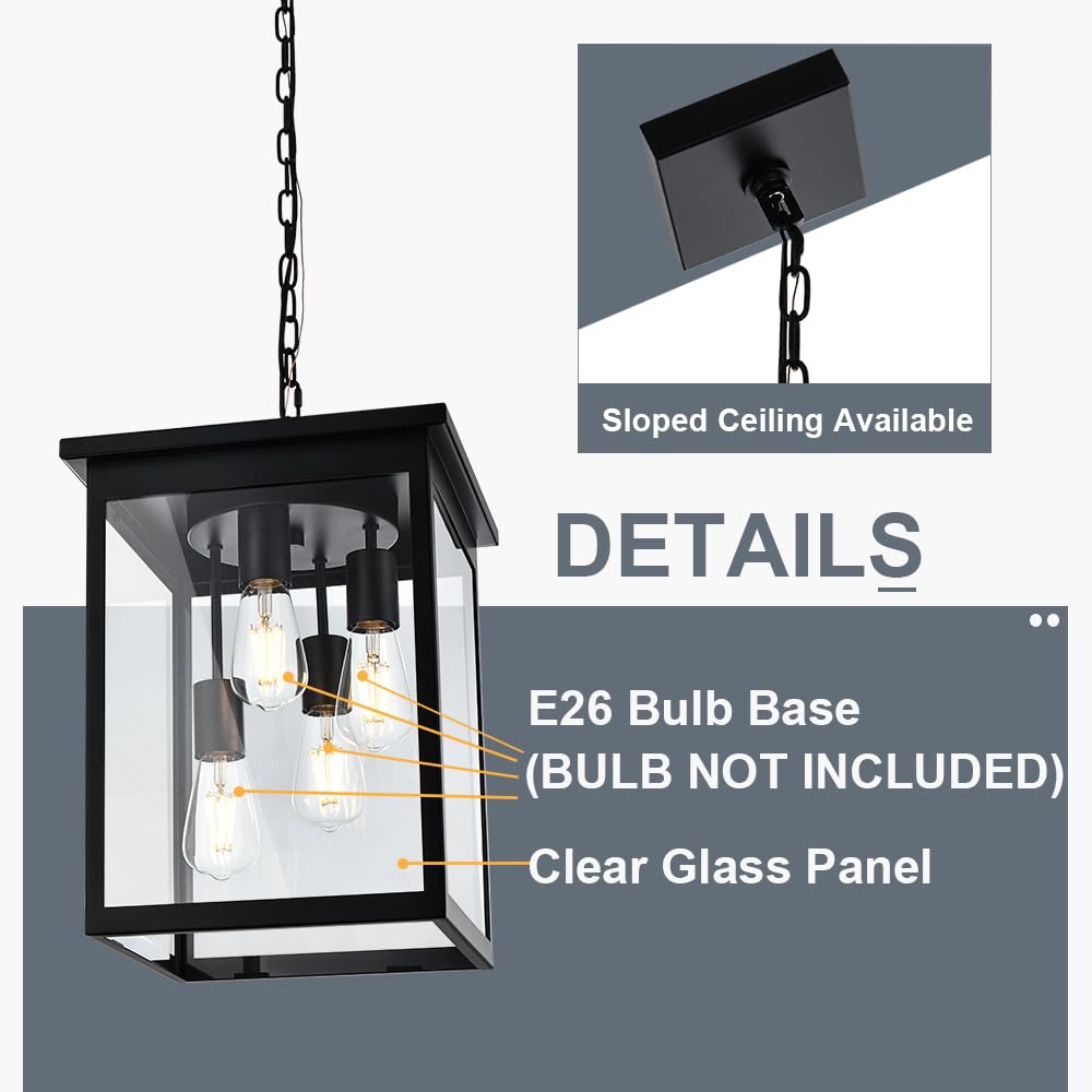 Large Outdoor Pendant Light Fixtures, 4-Lights Black Exterior Ceiling Hanging Lanterns with Clear Glass, Farmhouse Outdoor Chandelier for Front Door Entry Patio