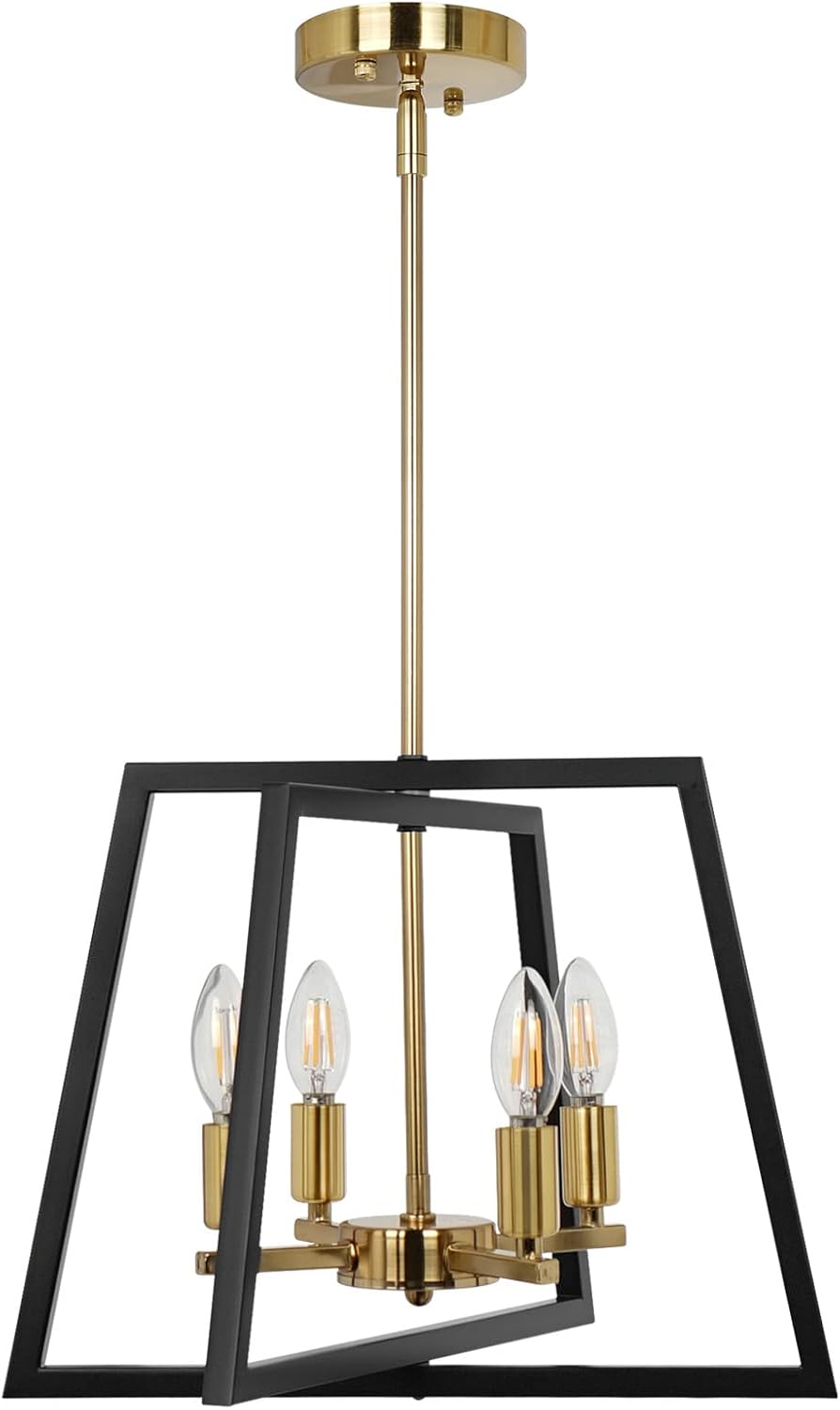 Black Brass Farmhouse Lantern Chandelier, Gold Modern Industrial Bird Cage Foyer Pendant Light, 4- Light Rustic Hanging Lighting Fixture for Kitchen Island, Dining Room, Entryway, Hallway