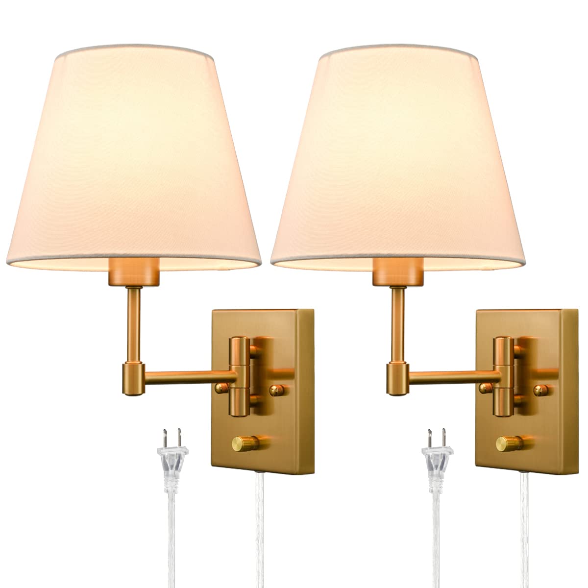 Gold Plug-in Wall Sconces Set of Two Beige Shade Brass Swing Arm Wall Lamp with Plug-in Cord Wall Mount Reading Light for Bedroom Living Room