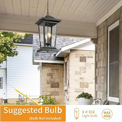 Large Outdoor Pendant Light, 3-Light Outdoor Chandelier, Retro Exterior Hanging Lantern, Hanging Outdoor Light Fixture for Porch, Seeded Glass Sheet with Matte Black Finish