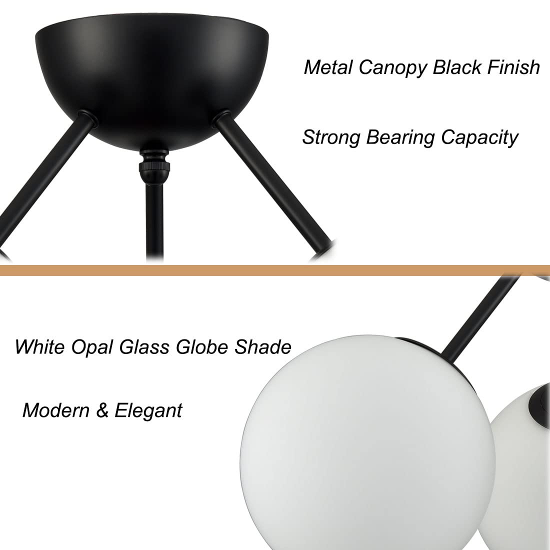 Modern Globe Semi Flush Mount Ceiling Light,Black Ceiling Light Fixture with Opal Glass 7Inch/18CM,Mid Century Kitchen Light Fixtures Hallway Light Fixtures Ceiling for Bedroom Kitchen