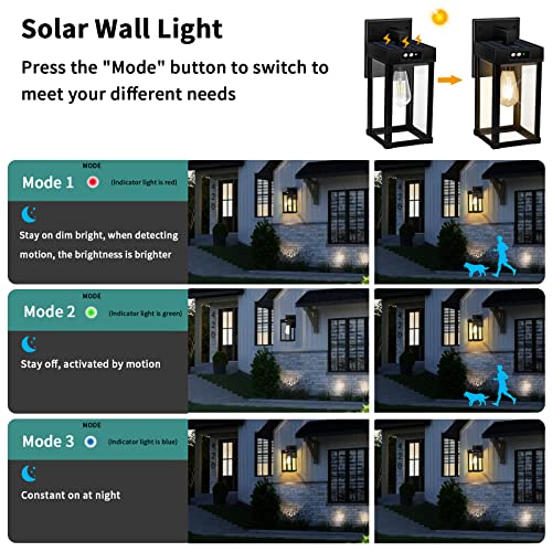 Solar Wall Lights Outdoor, Solar Wall Sconce with 3 Lighting Modes & Motion Sensor, Waterproof Solar Porch Light with Clear Panel, Solar Wall Lantern Light Fixture for Garage Porch Yard Front Door